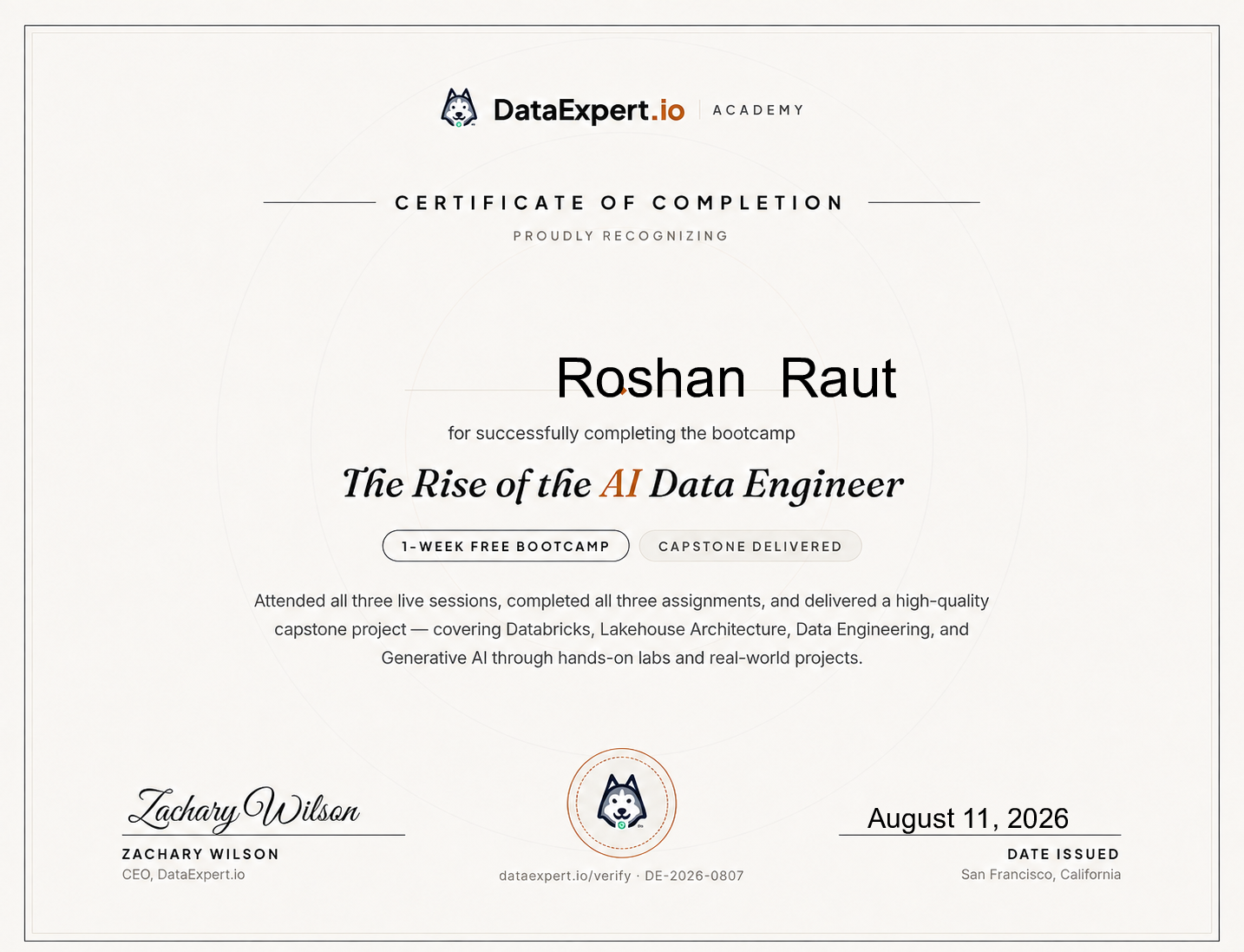 Roshan  Raut - The Rise of the AI Data Engineer Boot Camp