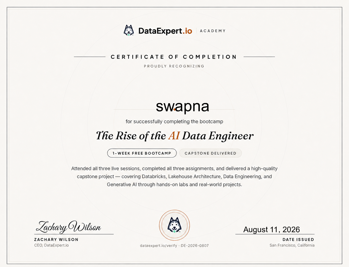 swapna - The Rise of the AI Data Engineer Boot Camp