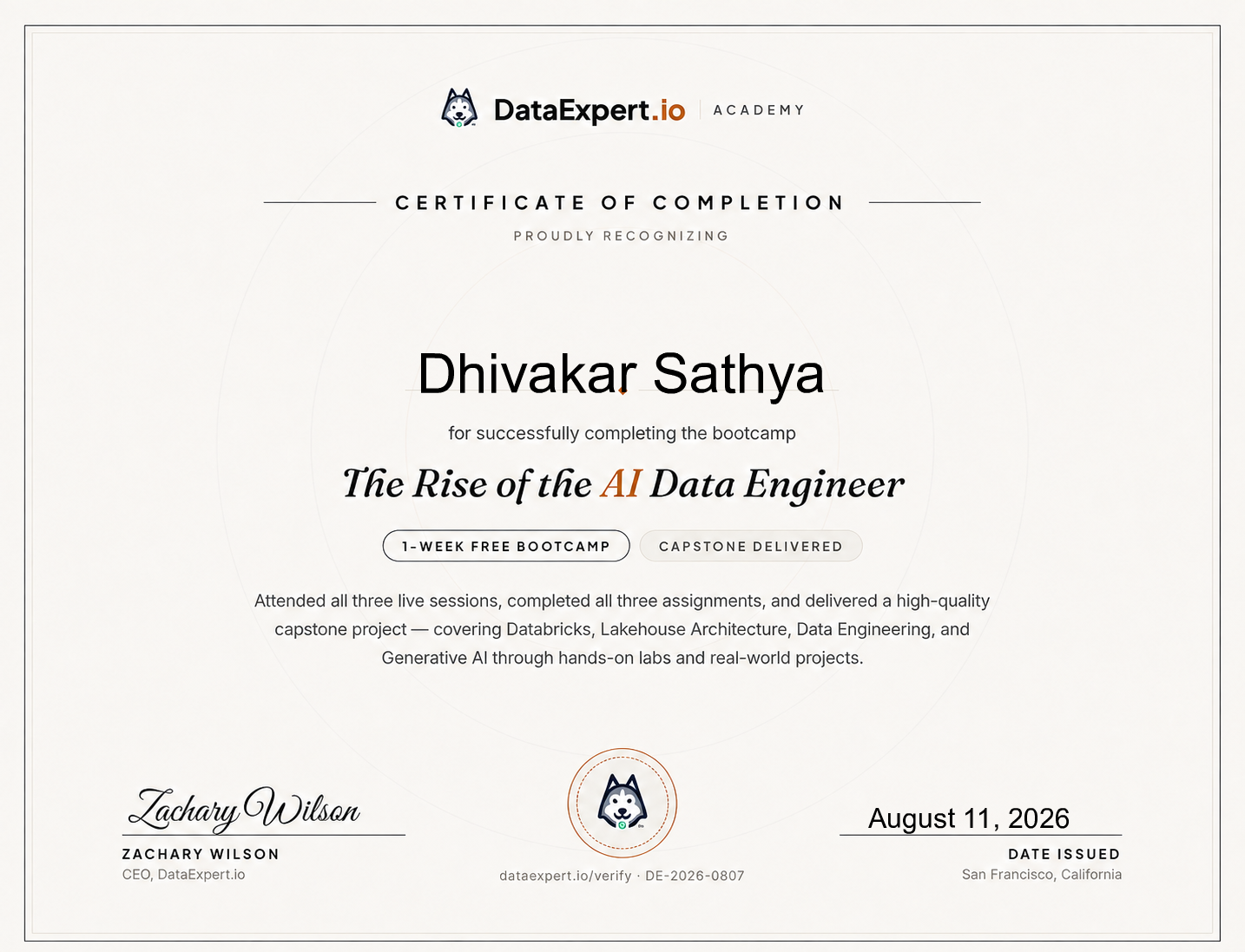 Dhivakar Sathya - The Rise of the AI Data Engineer Boot Camp