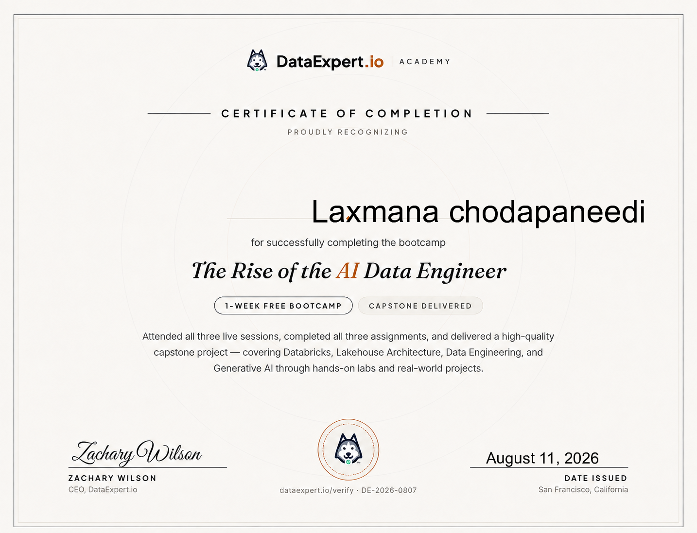 Laxmana chodapaneedi - The Rise of the AI Data Engineer Boot Camp