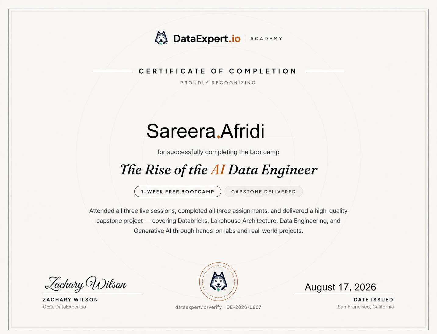 Sareera Afridi - The Rise of the AI Data Engineer Boot Camp