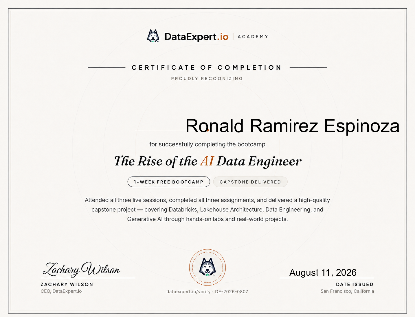 Ronald Ramirez Espinoza - The Rise of the AI Data Engineer Boot Camp