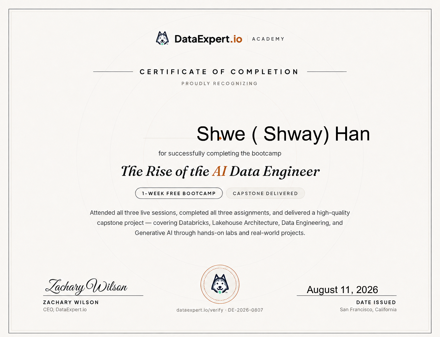 Shwe ( Shway) Han - The Rise of the AI Data Engineer Boot Camp
