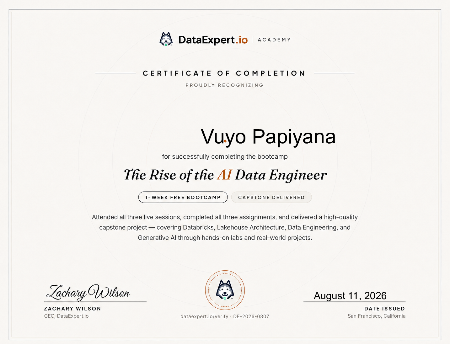 Vuyo Papiyana - The Rise of the AI Data Engineer Boot Camp