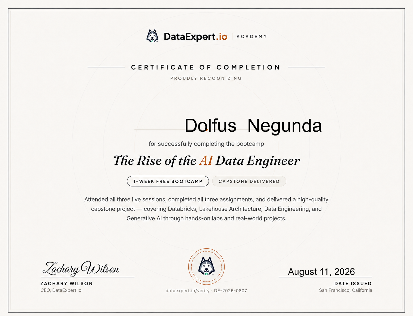 Dolfus  Negunda - The Rise of the AI Data Engineer Boot Camp