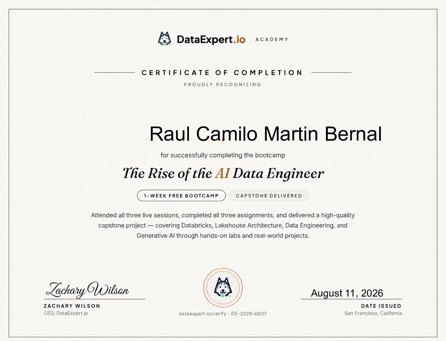Raul Camilo Martin Bernal - The Rise of the AI Data Engineer Boot Camp