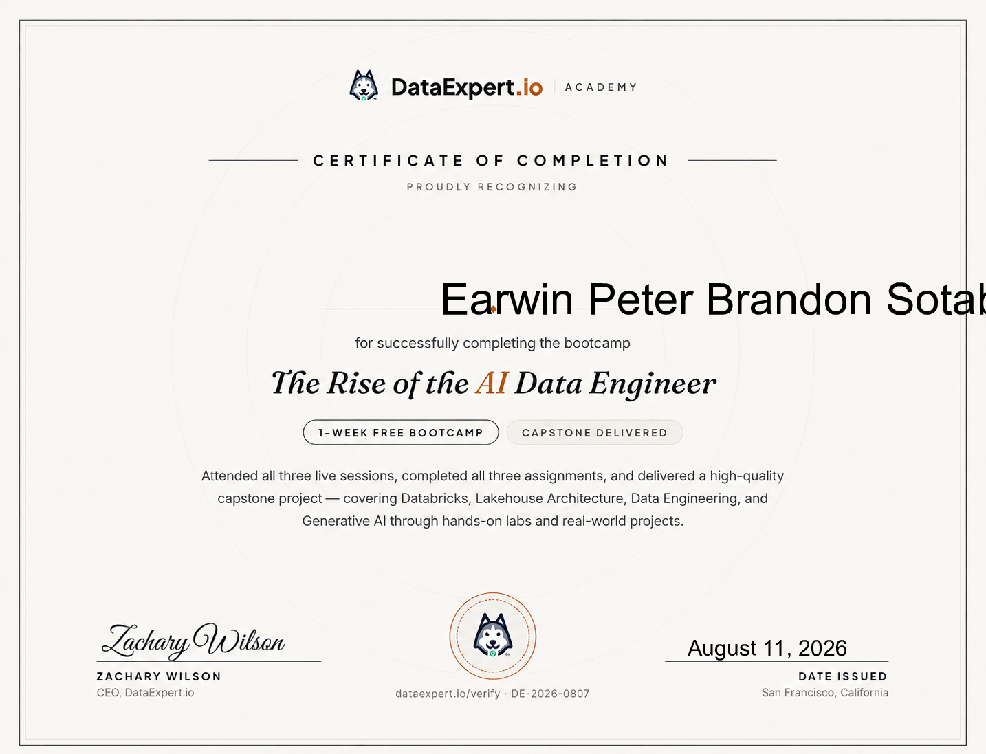 Earwin Peter Brandon Sotabinda - The Rise of the AI Data Engineer Boot Camp