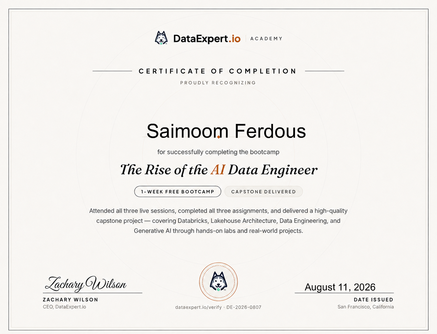 Saimoom Ferdous - The Rise of the AI Data Engineer Boot Camp