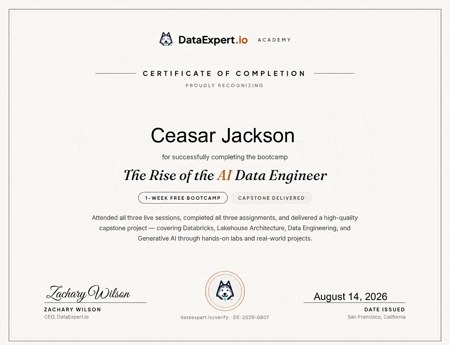 Ceasar Jackson - The Rise of the AI Data Engineer Boot Camp